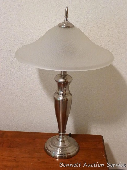 24" tall table lamp with brushed finish and glass shade looks classy. Works. Matches Lot 763.