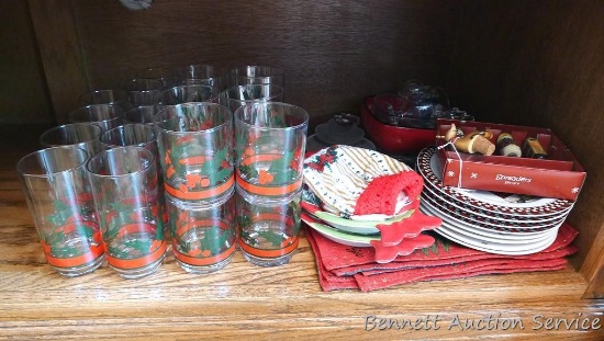 Christmas dinnerware and more. Includes holly patterned glasses and tumblers, dessert or salad