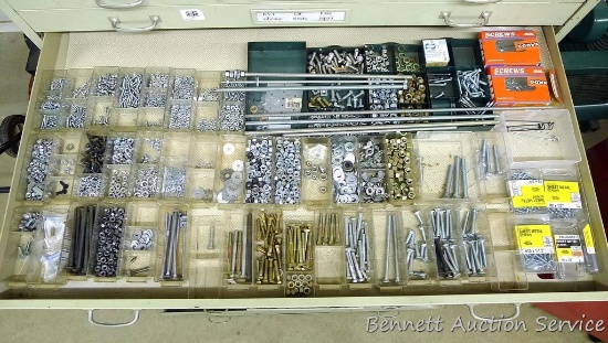 Contents of drawer includes carriage bolts, lock nuts, lag screws, lock washers, flat washers, nuts,