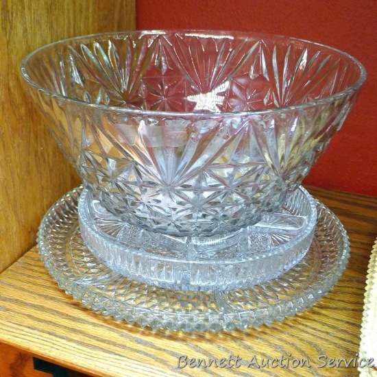Glass punch bowl, plus two glass relish trays. Larger tray is nearly 13" diameter, punch bowl is 12"