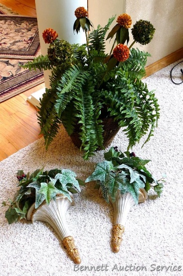 26" tall faux arrangement in woven basket; pair of wall pockets with faux greenery.