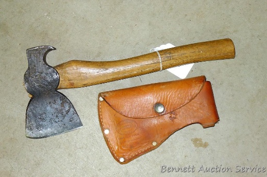 Roofing hatchet is 14-1/4" long with 6" x 3-3/4" blade. Comes with a leather case.