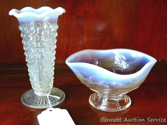 Hobnail vase stands 5-1/2" tall, custard dish is 4-1/2" diameter. Both in good condition.