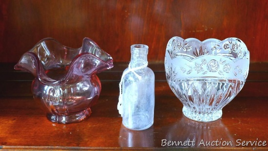 Leaded crystal dish has frosted accent, 3-3/4" high; Fenton ruffled rim piece is approx. 3-1/2"
