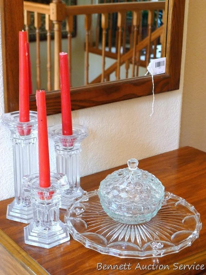Glass cake plate is 11-1/2" diameter, covered candy dish, three chunky glass candle sticks with
