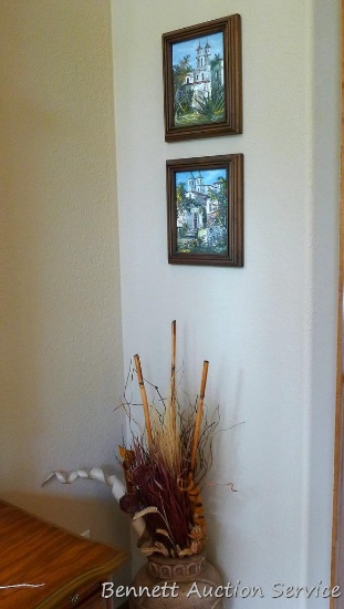 Pair of framed paintings by 'Mokaleso', each approx. 10" x 12" over frame. Large vase with dried