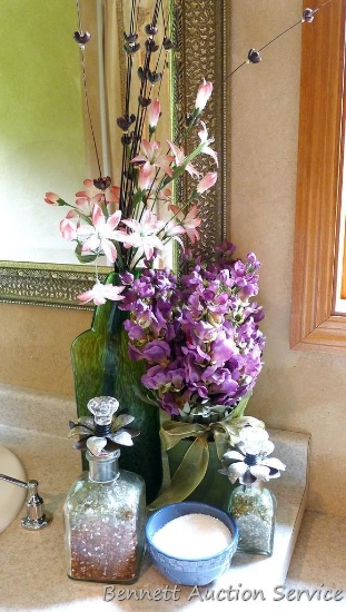 Two faux floral arrangements, up to 3' tall overall; bath salts as pictured.