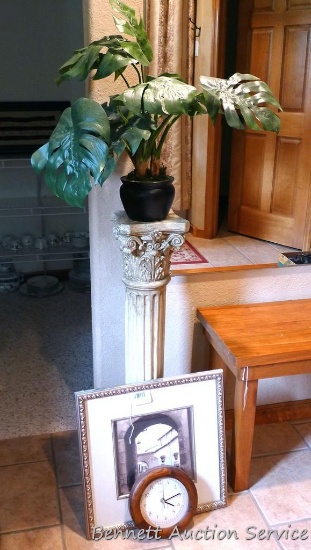 3' tall plant stand; faux plant; framed print is approx. 18" x 18"; wall clock is 8" diameter.