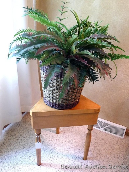 Handmade triangular plant stand measures 22" high, each side of triangle is 19". Includes faux