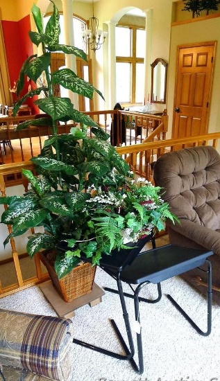 Two Table-Mate adjustable height and tilt tables; footed plant stand with approx. 6' tall faux