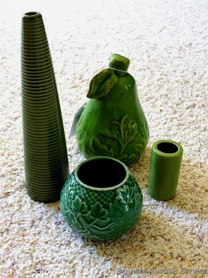 Four green pottery pieces, tallest is nearly 10" tall.