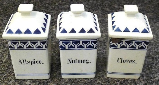 Antique Allspice, Nutmeg and Cloves spice jars are marked 'Germany'. Each jar is about 4-1/4" high