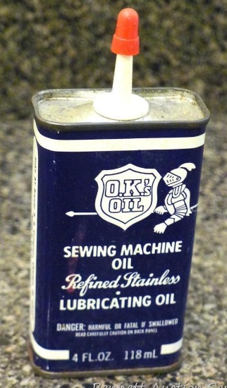 Vintage can of O.K.'s Sewing Machine Oil. Can is in good condition with nice graphics. 4 oz. can.