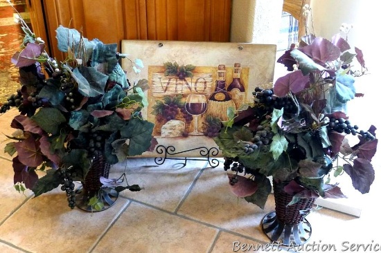 Two faux flower arrangements, each approx. 26" high overall; Vino plaque with display stand.