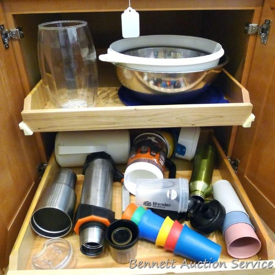 Tupperware 32 cup bowl with lid; two stainless steel bowls, larger is 13-1/2" diameter; travel mugs,