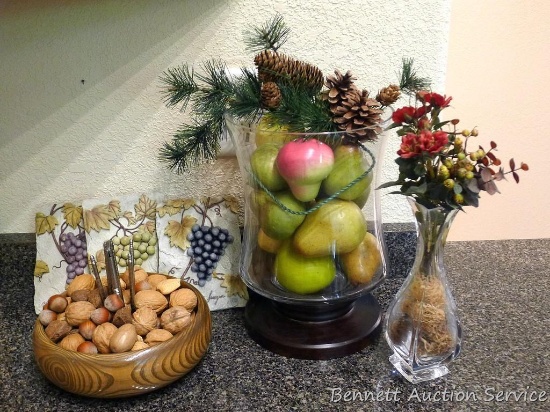 Decorative footed display or vase; nut bowl with cracker, picks; bud vase, wall hangings are 6" x