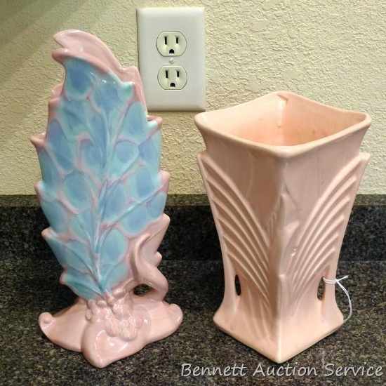 Square vintage McCoy vase stands 9" tall; Royal Haeger pottery vase is 12" tall. McCoy has a crack