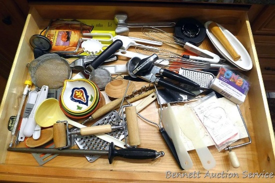 Porcelain measure cups; marble cheese slicer; masher, grater, spoons, can opener, thermometer,