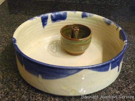 Pretty pottery serving dish is 10-1/2" diameter; plus another little pottery piece.
