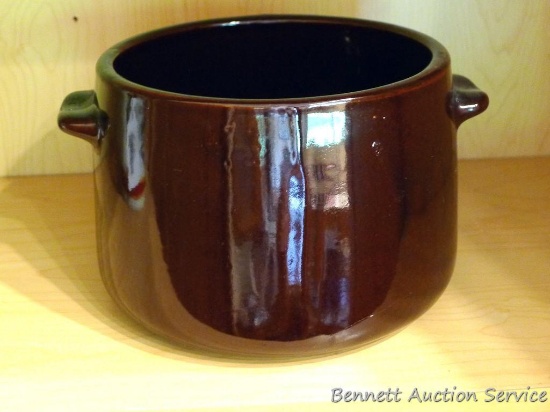 Stoneware bean pot is marked USA on bottom. 8-1/2" over handles. Lid not included.