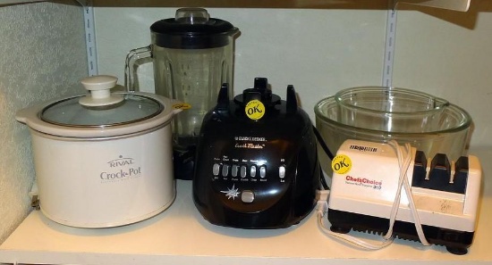 Two quart Rival slow cooker; Black & Decker Crush Master blender; Chef's Choice knife sharpener; all