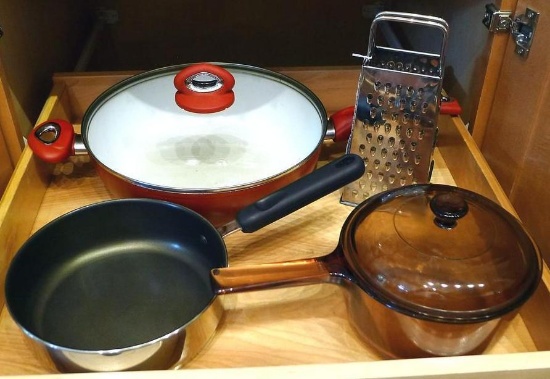 Nice skillet with assist handle and glass lid; Wear ever saucepan; Corningware glass saucepan;