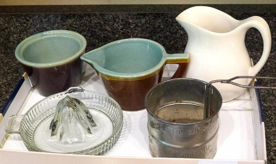 Vintage creamer and sugar; white creamer pitcher stands 5" high; glass reamer; two cup sifter.