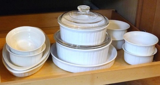 CorningWare French White casserole dishes, plus six Oneida OvenBrite dishes. All in good condition.