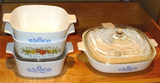 Corning Blue Cornflower casserole dishes including 10" covered dish, 1-1/2 quart and 1-3/4 quart
