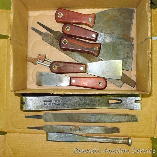 Flat files, longest is 12-1/2"; 12" Wonder Bar; putty knives and scrapers and more.