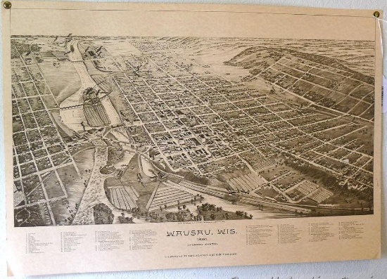 Reprint of an 1891 Wausau, Wisconsin map 'Looking North'. Measures 16-1/2" x 24".