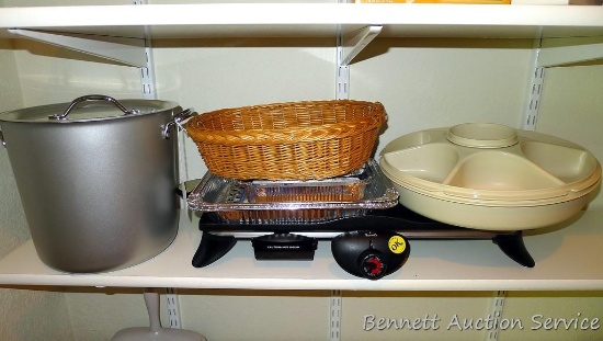 Rival electric griddle; nice stockpot; Tupperware divided server/keeper; more. Griddle turned on.