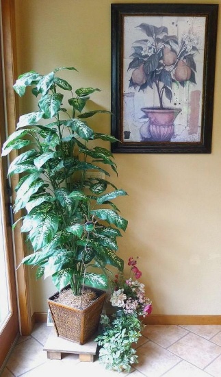 Large framed print 28" x 39" over frame. Faux plant stands approx. 6-1/2' with riser; other faux