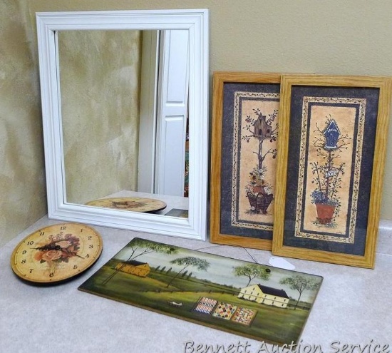 Framed wall mirror, 19" x 23"; wall clock; framed prints; more.