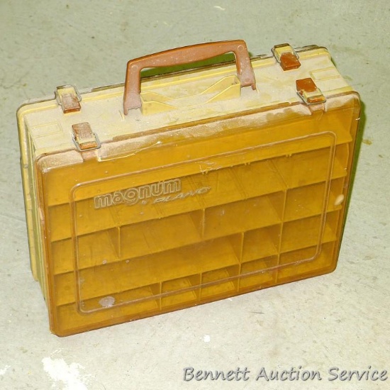 Plano Magnum organizer box is 14-1/2" x 12" x 5". All latches work.