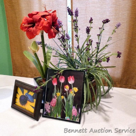 Faux amaryllis is approx. 2' tall; plus another faux flower arrangement and two framed flower