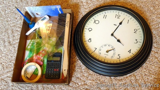 Drafting or blueprint measuring and drawing tools including Scalex PlanWheel; 16-1/2" wall clock