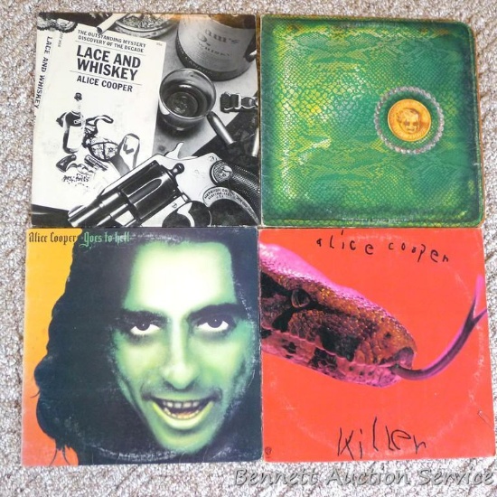 Four Alice Cooper LP records - titles include Killer, Lace and Whiskey, Goes to Hell, Billion Dollar