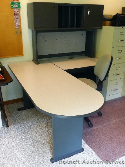 Nice L-shaped office desk setup includes lockable upper storage cabinet with key, file space,