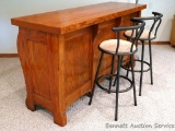 Nice bar set up is sturdy and in good condition. Back side has five drawers and storage space on