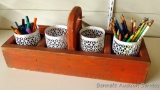 Wooden tote box would be great for display or storage, comes with cups of pencils and markers.