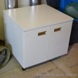 Steel office cabinet with interior shelf is on casters for easy moving. 26