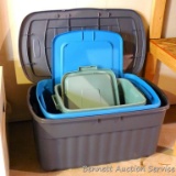 Large chest style Rubbermaid tote with attached lid is 3' wide; two smaller totes with lids.