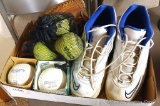 Nike tennis shoes are size 16; Spaulding TFP-100 softball glove; three Rawlings and two Dudley
