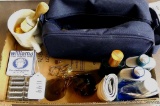Men's travel bathroom bag; after shave & cologne; shaving soap, brush & mug; razors; tie bars, cuff