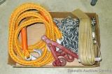 Heavy duty ratchet strap; 1/4 G4 load binder; 13' tow strap; 11' chain with no hooks.