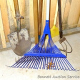 Metal tined leaf rake, spade shovel, three tined garden fork, garden hoe, dirt rake, more.