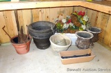 Variety of planters. Concrete look urns stand approx. 17