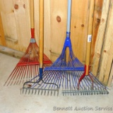 Two metal tined leaf rakes, push-pull style rake, small dirt rake.