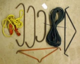 Fifty foot extension cord; 2 metal gambrel hooks; rope with pulleys and more.